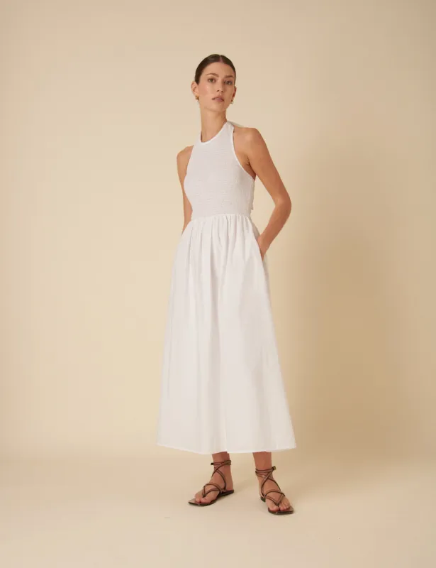 White Shirred Halter Neck Tizzy Midi Dress sold by Nobody's Child