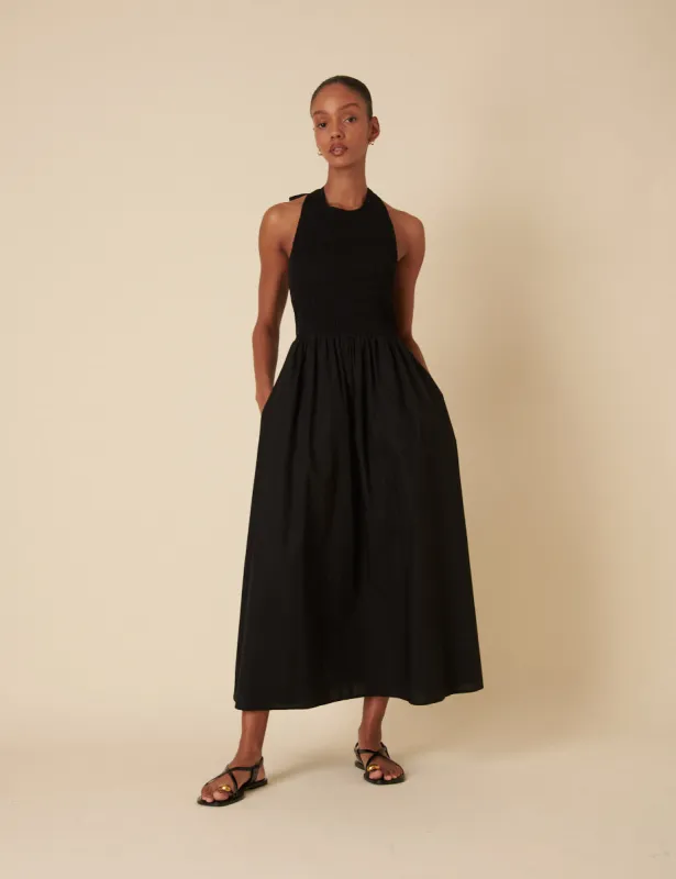 Black Shirred Halter Neck Tizzy Midi Dress sold by Nobody's Child