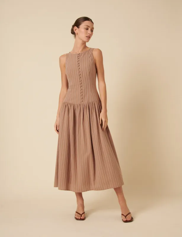 Stone Pinstripe Drop Waist Claudia Midi Dress sold by Nobody's Child
