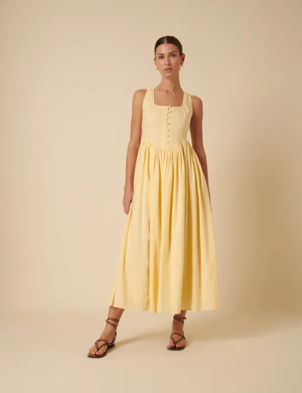 Butter Yellow Drop Waist Cora Midi Dress sold by Nobody's Child