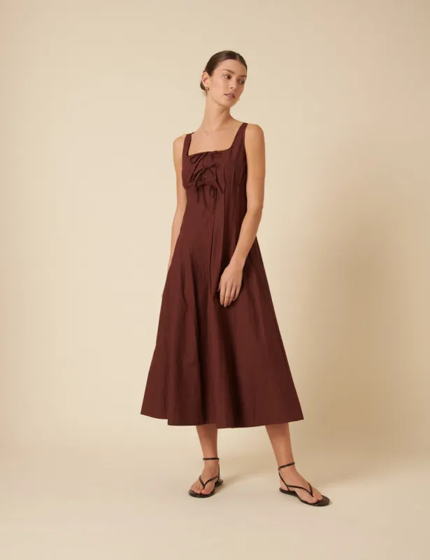 Brown Tie Front Penelope Midi Dress sold by Nobody's Child