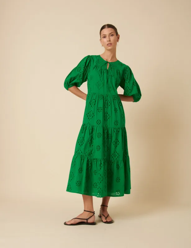 Green Broderie Anglaise Tiered Lee Midi Dress sold by Nobody's Child