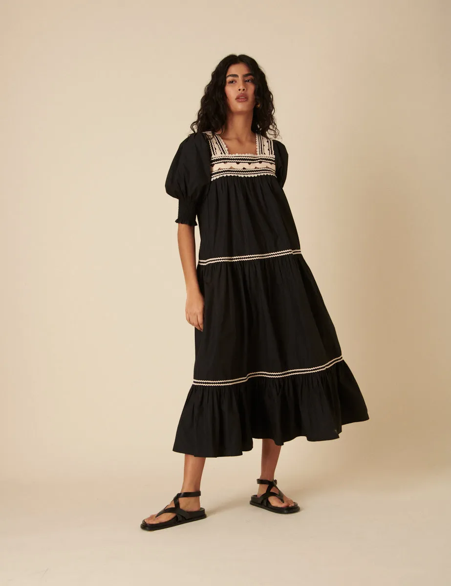 Black Crochet Tiered Karla Midi Dress sold by Nobody's Child