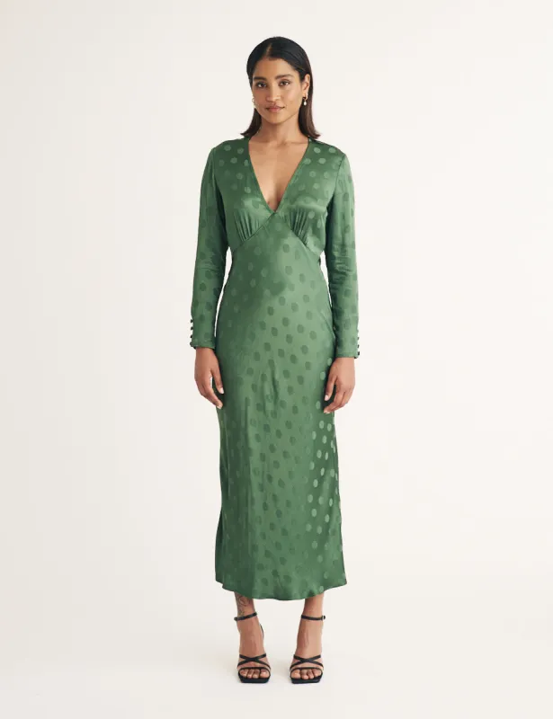 Green Polka Dot Jacquard Lauren Midi Dress sold by Nobody's Child