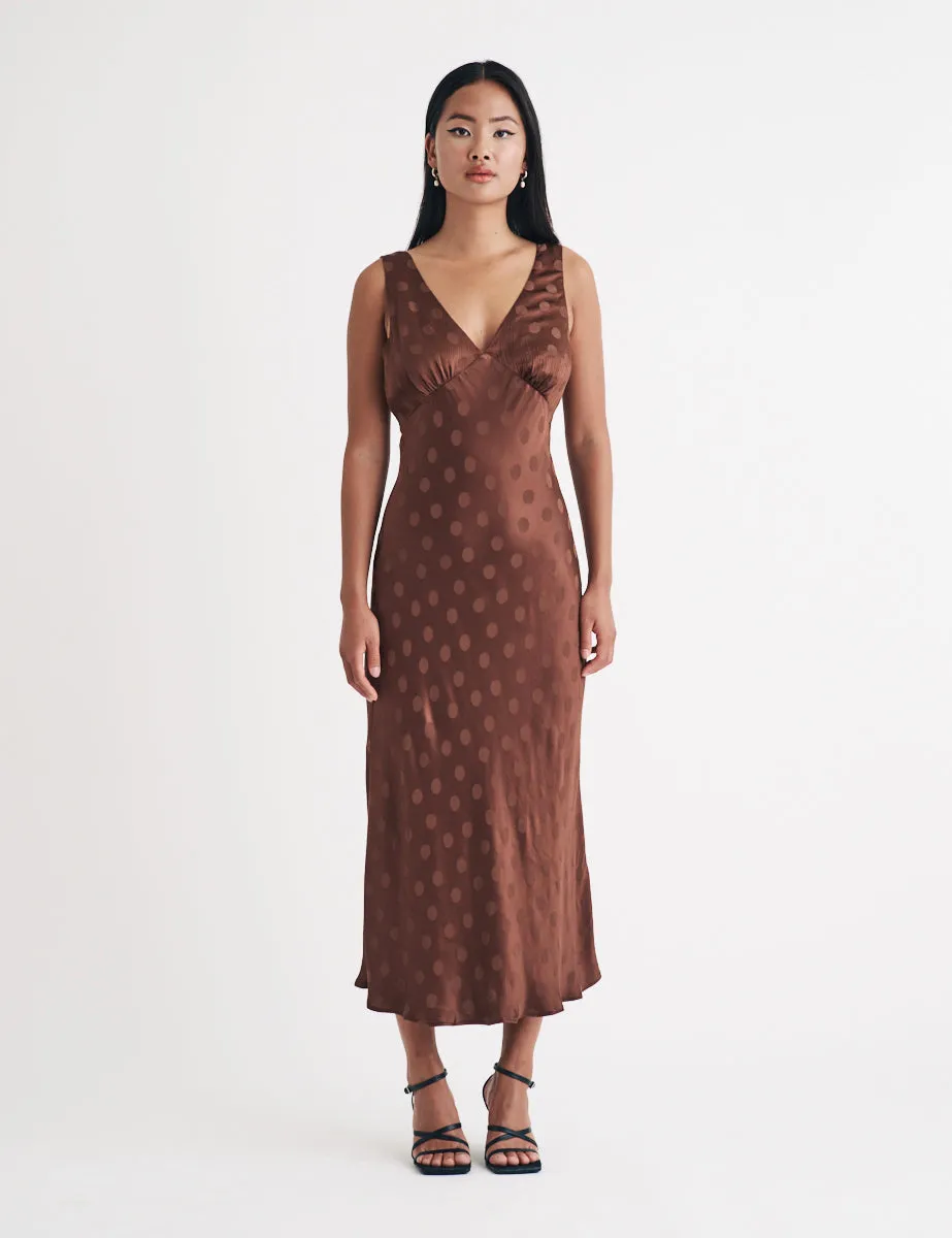 Brown Polka Dot Jacquard Helena Midi Dress sold by Nobody's Child