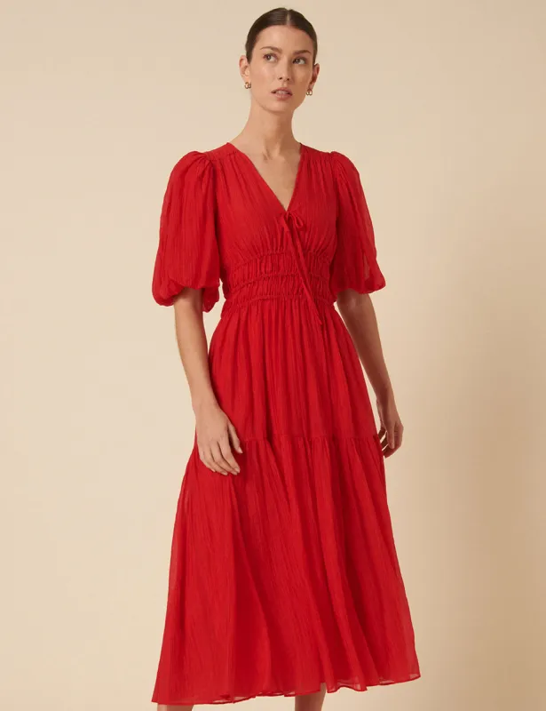 Red Puff Sleeve Brea Midi Dress sold by Nobody's Child