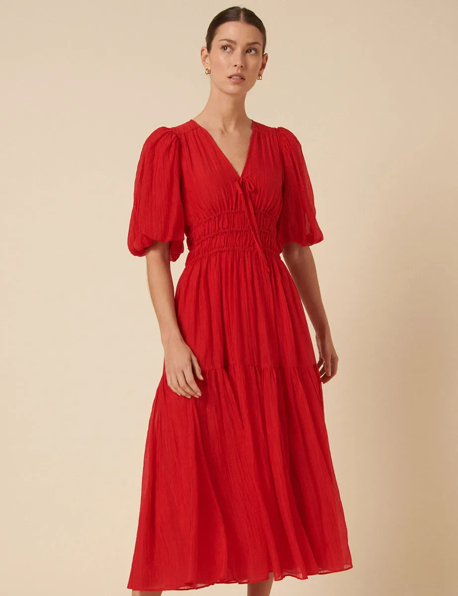 Red Puff Sleeve Brea Midi Dress sold by Nobody's Child