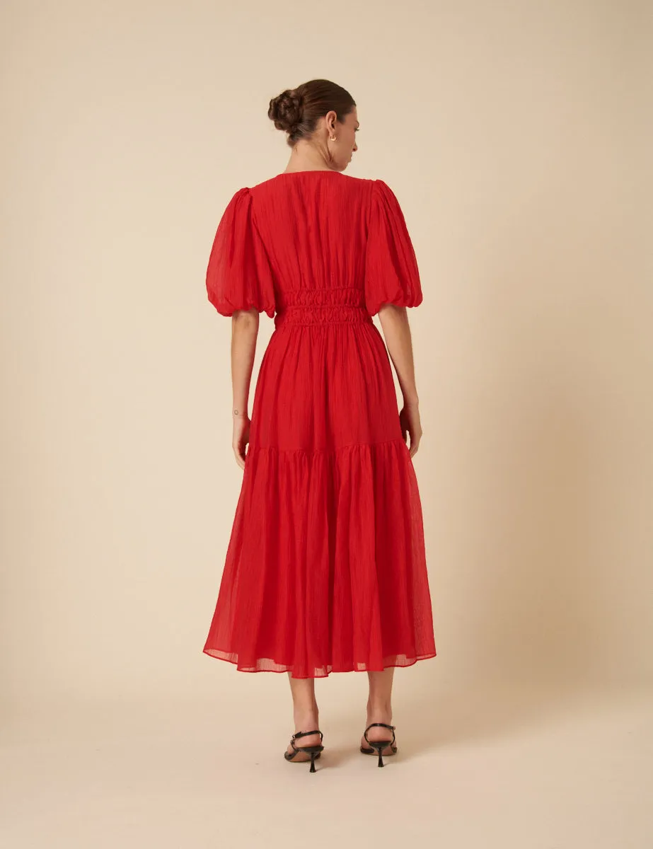Red Puff Sleeve Brea Midi Dress sold by Nobody's Child product image thumbnail 4