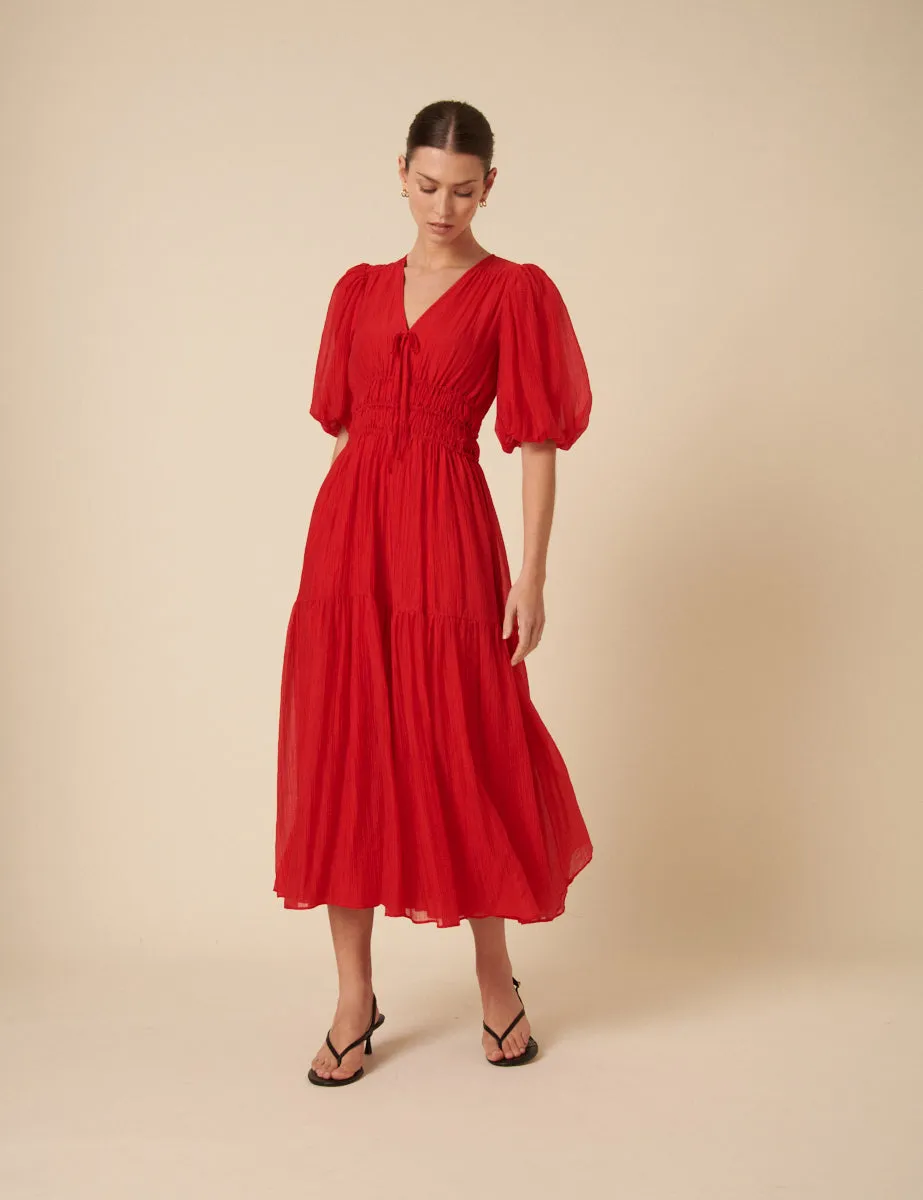Red Puff Sleeve Brea Midi Dress sold by Nobody's Child product image thumbnail 3