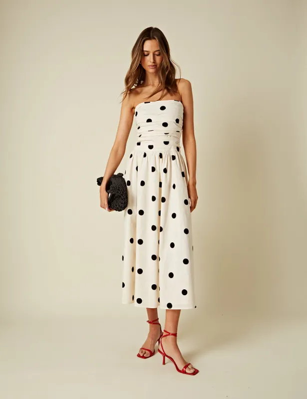 White Polka Dot Bandeau Felicity Midi Dress sold by Nobody's Child