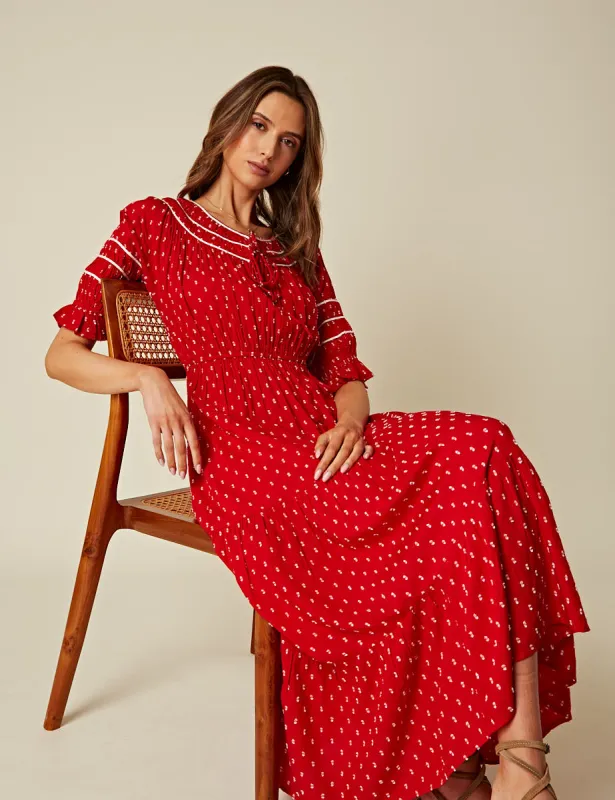 Red Printed Peyton Midi Dress sold by Nobody's Child