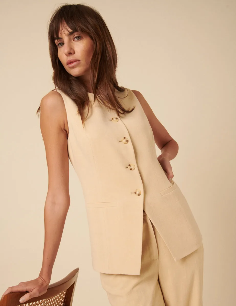 Cream Crew Neck Longline Waistcoat sold by Nobody's Child