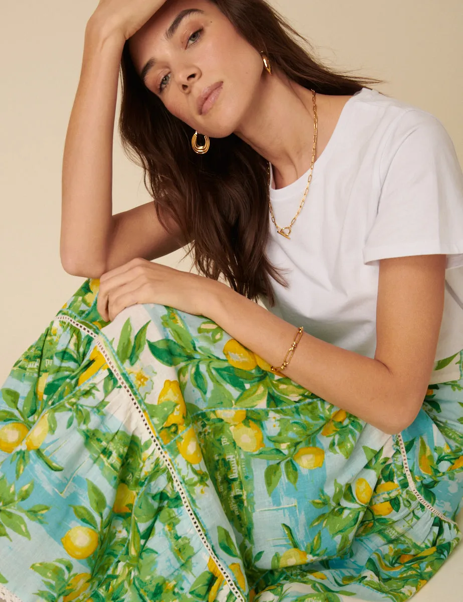 Green Lemon Print Tiered Midi Skirt sold by Nobody's Child product image thumbnail 2