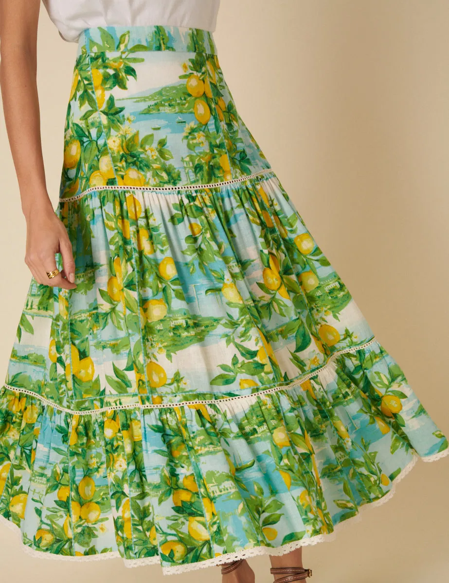 Green Lemon Print Tiered Midi Skirt sold by Nobody's Child product image thumbnail 3