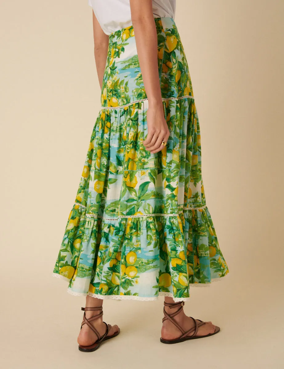 Green Lemon Print Tiered Midi Skirt sold by Nobody's Child product image thumbnail 5