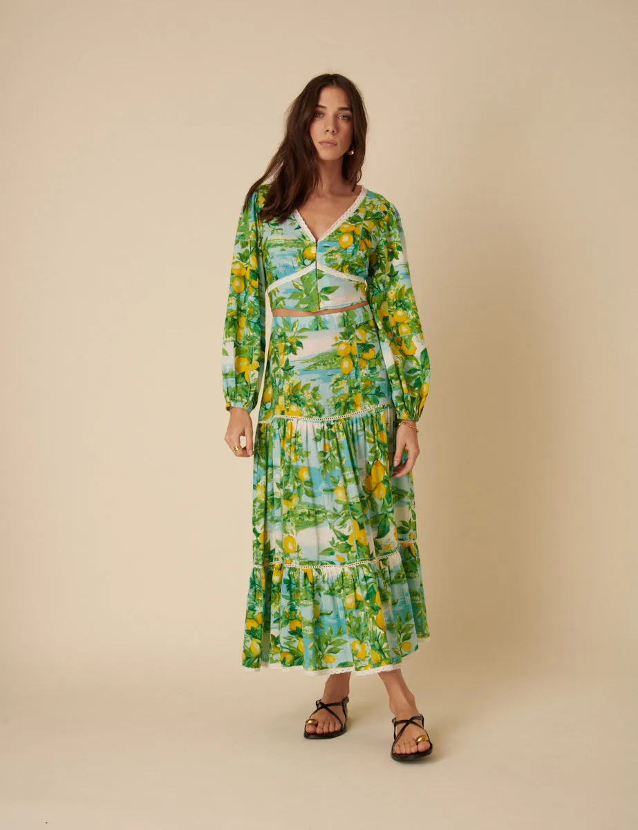 Green Lemon Print Tiered Midi Skirt sold by Nobody's Child product image thumbnail 4
