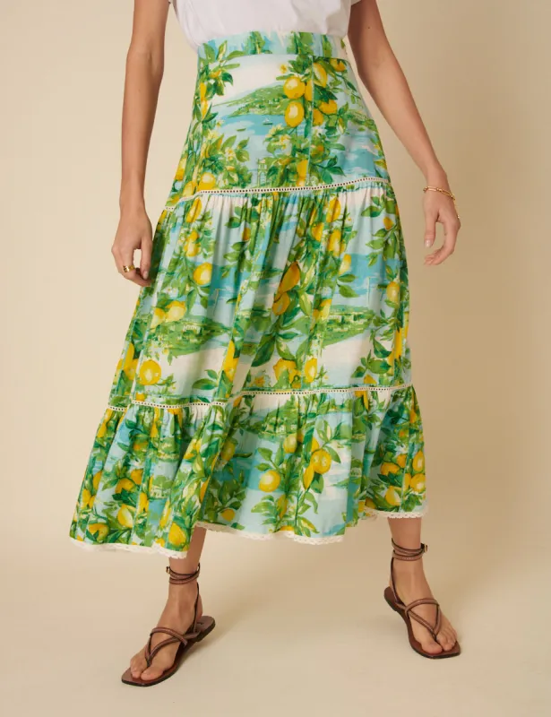 Green Linen-blend Lemon Print Tiered Midi Skirt sold by Nobody's Child