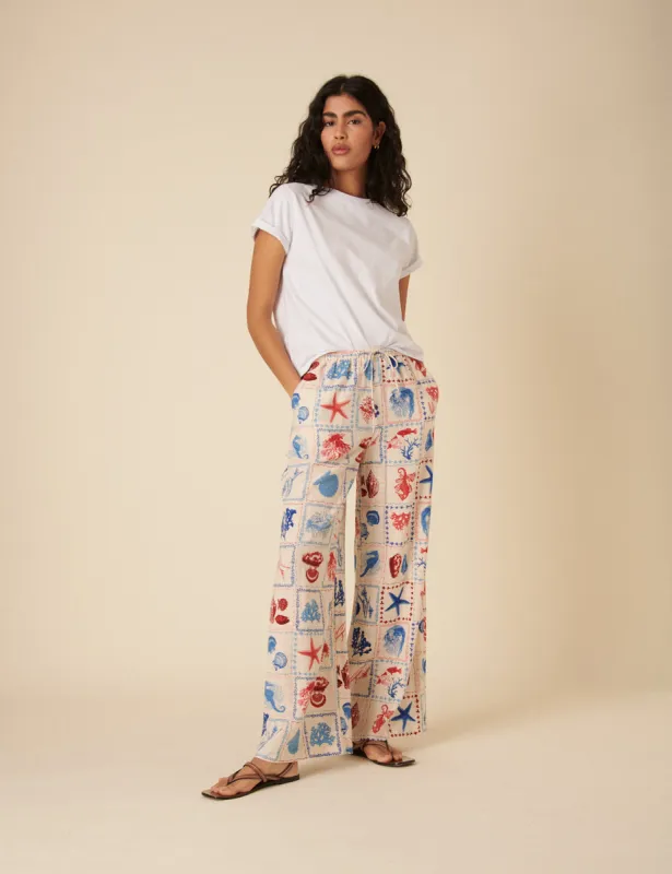 Cream Linen-blend Shell Print Relaxed Trousers sold by Nobody's Child