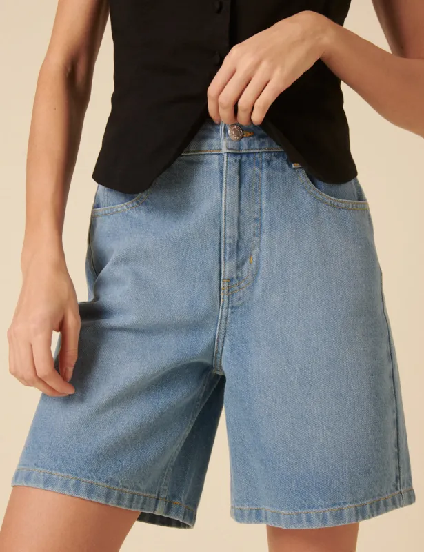 Light Wash Denim Brixton Long Shorts made by Nobody's Child