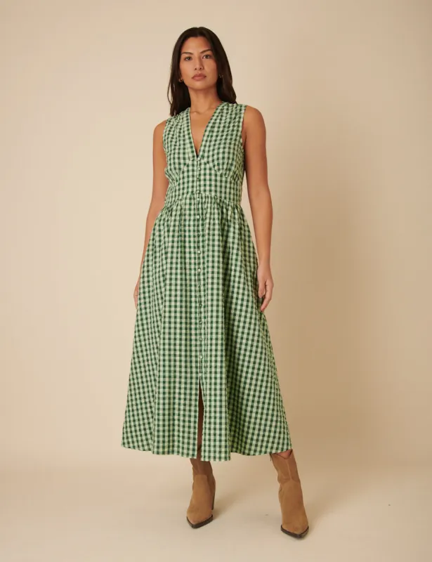 Green Gingham Sleeveless Starlight Midi Dress sold by Nobody's Child
