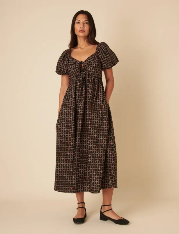 Black Floral Check Joanna Midi Dress sold by Nobody's Child