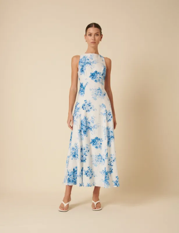 Blue Watercolour Floral Sleeveless Reign Midi Dress sold by Nobody's Child
