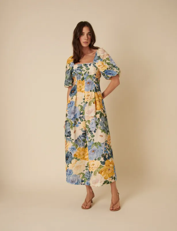 Blue and Yellow Linen Floral Demi Midi Dress sold by Nobody's Child