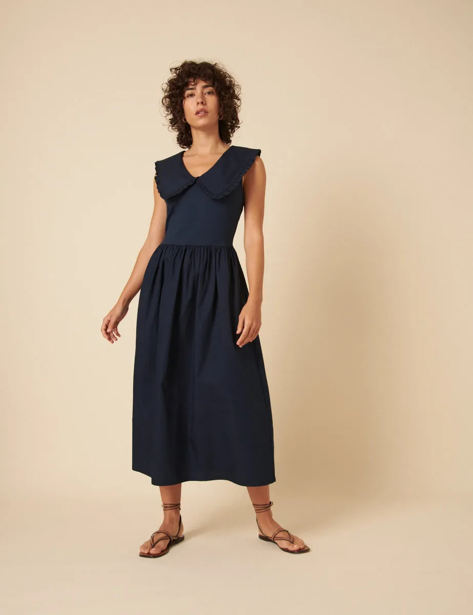 Navy Collared A-line Midi Dress sold by Nobody's Child