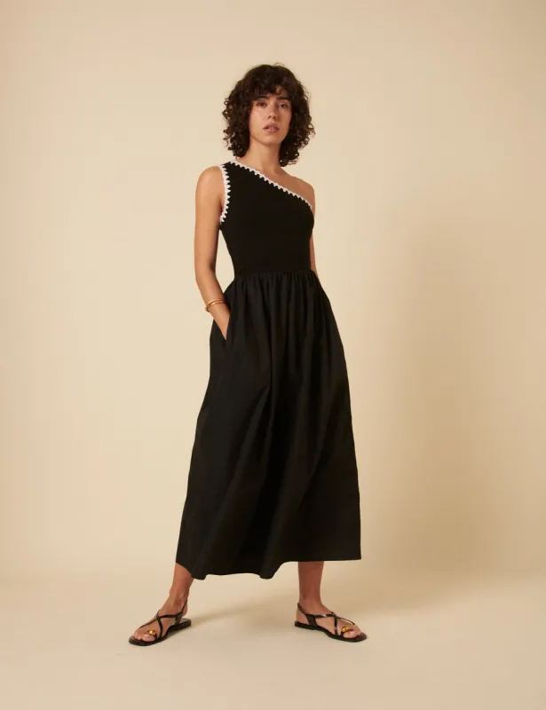 Black One Shoulder Crochet Trim Sabrina Midi Dress sold by Nobody's Child