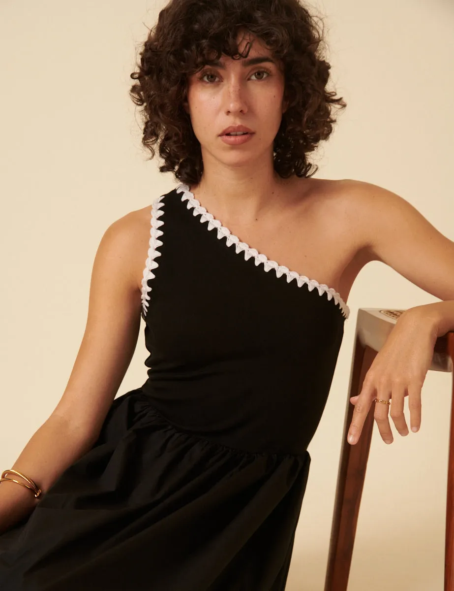 Black One Shoulder Crochet Trim Sabrina Midi Dress sold by Nobody's Child product image thumbnail 3