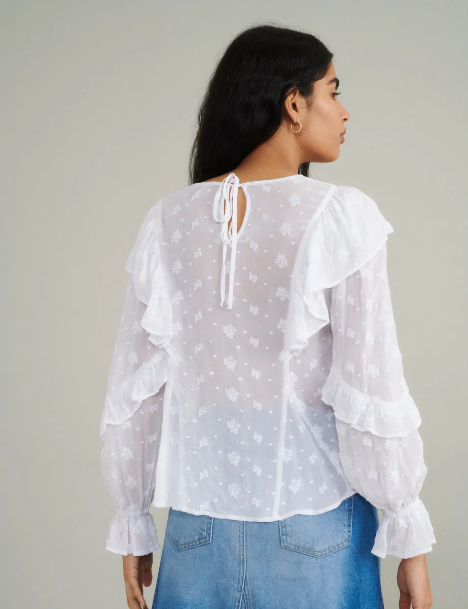 White Frill Floral Embroidered Blouse sold by Nobody's Child product image thumbnail 4