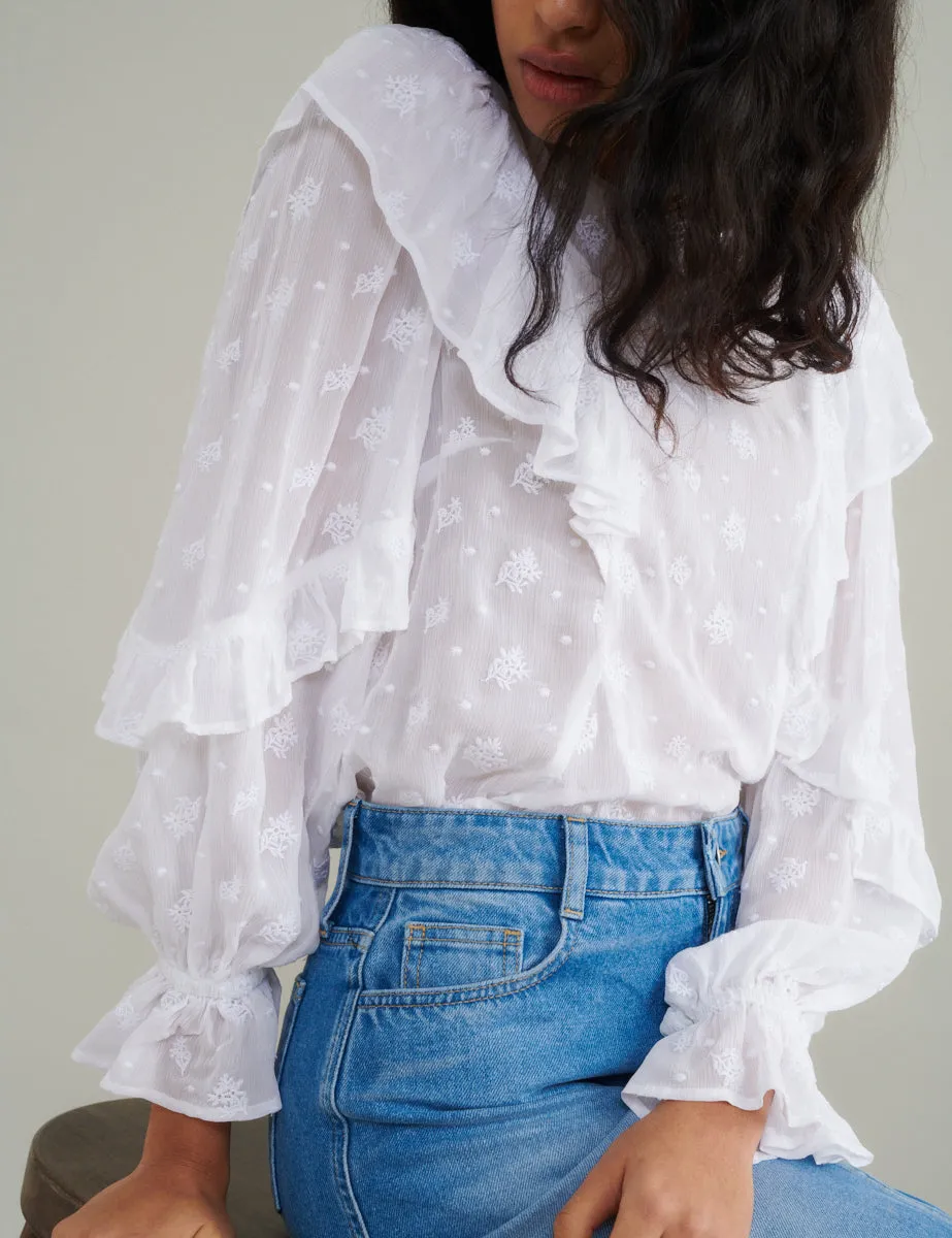 White Frill Floral Embroidered Blouse sold by Nobody's Child product image thumbnail 2