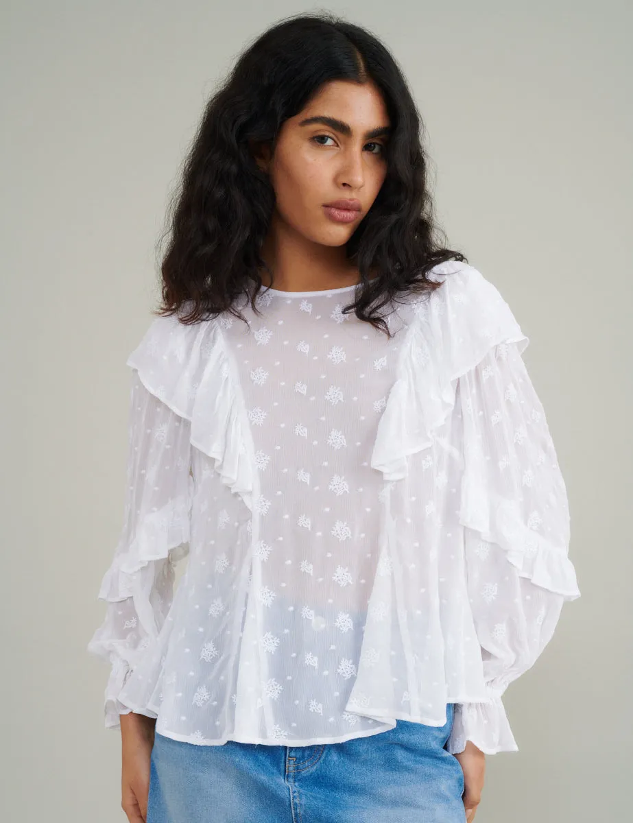 White Frill Floral Embroidered Blouse sold by Nobody's Child
