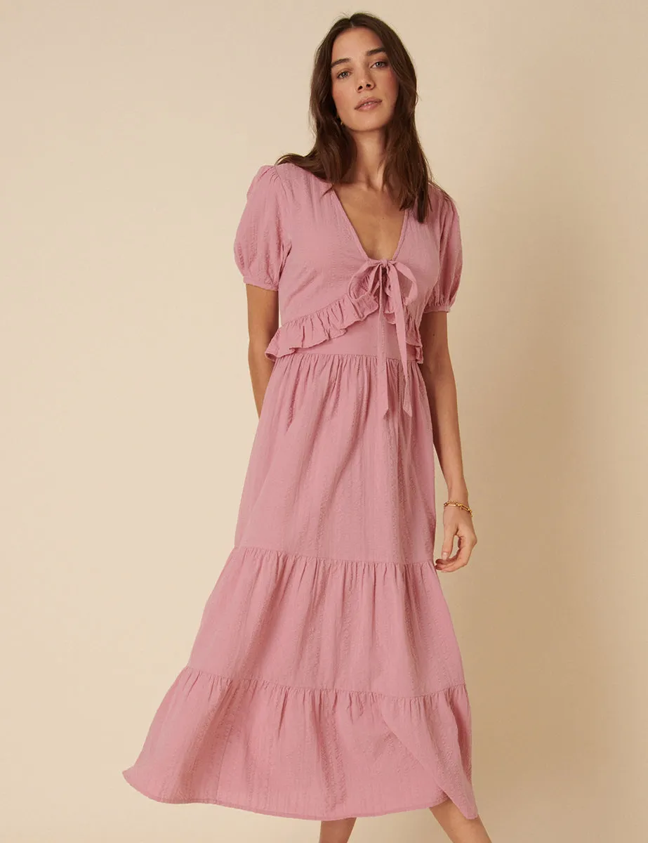 Pink Ruffle Tiered Katie Midi Dress sold by Nobody's Child