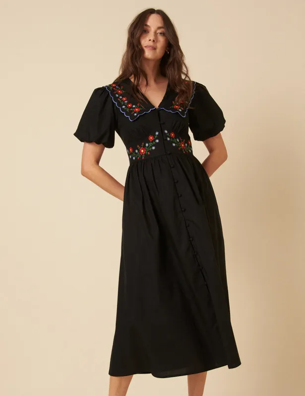 Black Floral Embroidered Birdie Midi Dress sold by Nobody's Child