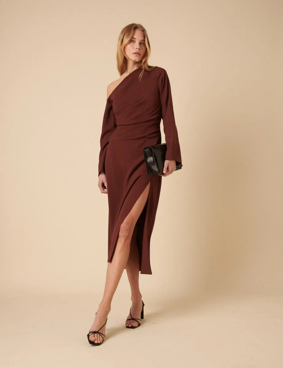 Brown Asymmetric Gathered Katty Midi Dress sold by Nobody's Child