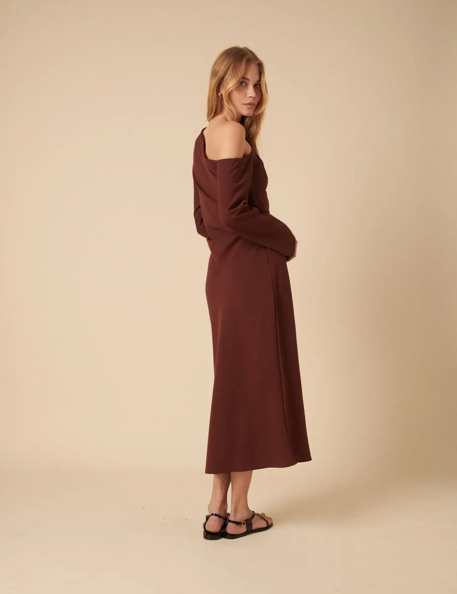 Brown Asymmetric Gathered Katty Midi Dress sold by Nobody's Child product image thumbnail 4