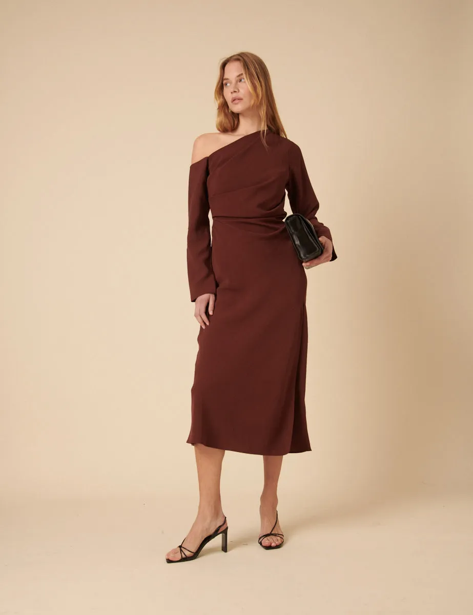 Brown Asymmetric Gathered Katty Midi Dress sold by Nobody's Child product image thumbnail 3