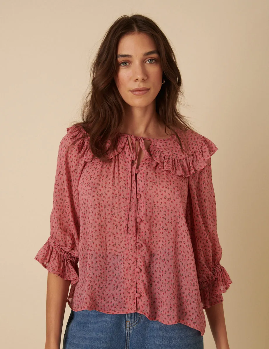Pink Frill Collar Floral Printed Blouse sold by Nobody's Child product image thumbnail 3