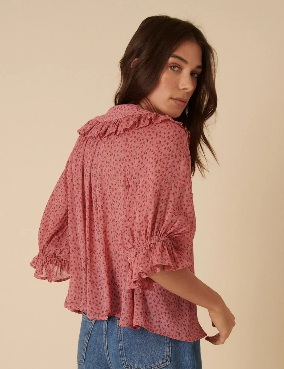 Pink Frill Collar Floral Printed Blouse sold by Nobody's Child product image thumbnail 4