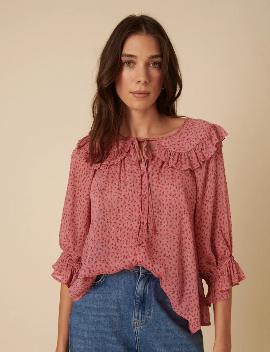 Pink Frill Collar Floral Printed Blouse sold by Nobody's Child
