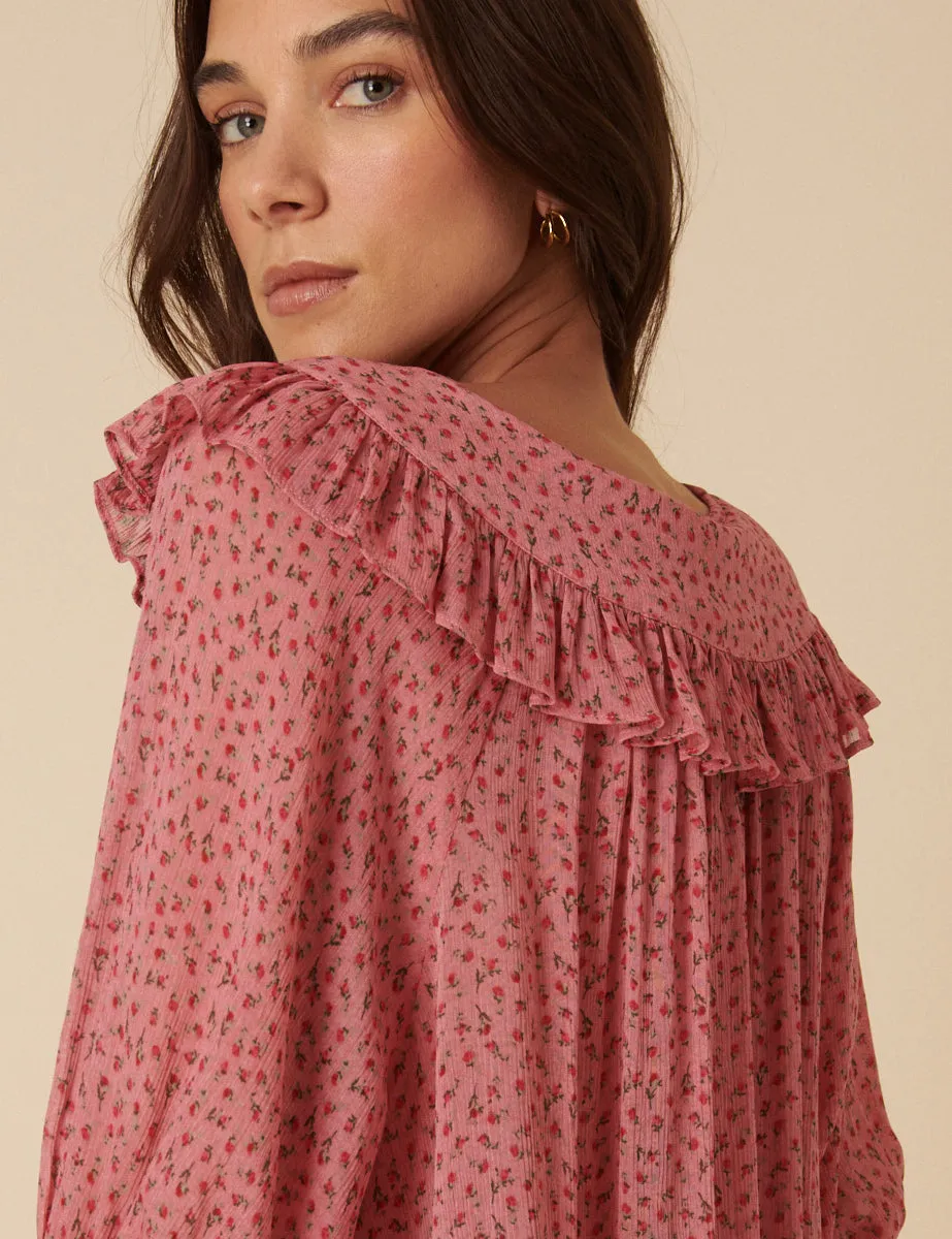 Pink Frill Collar Floral Printed Blouse sold by Nobody's Child product image thumbnail 2