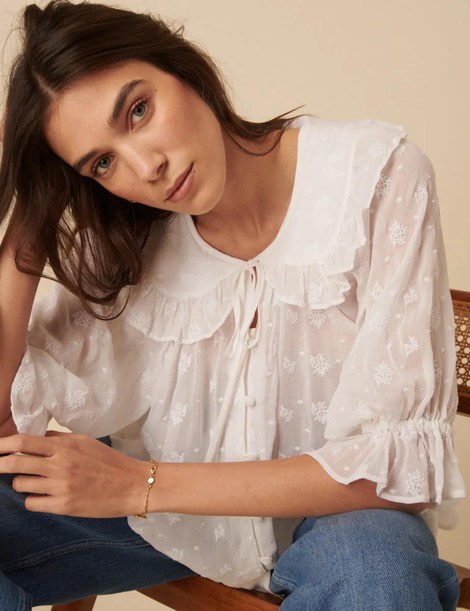 White Frill Collar Floral Embroidered Blouse sold by Nobody's Child
