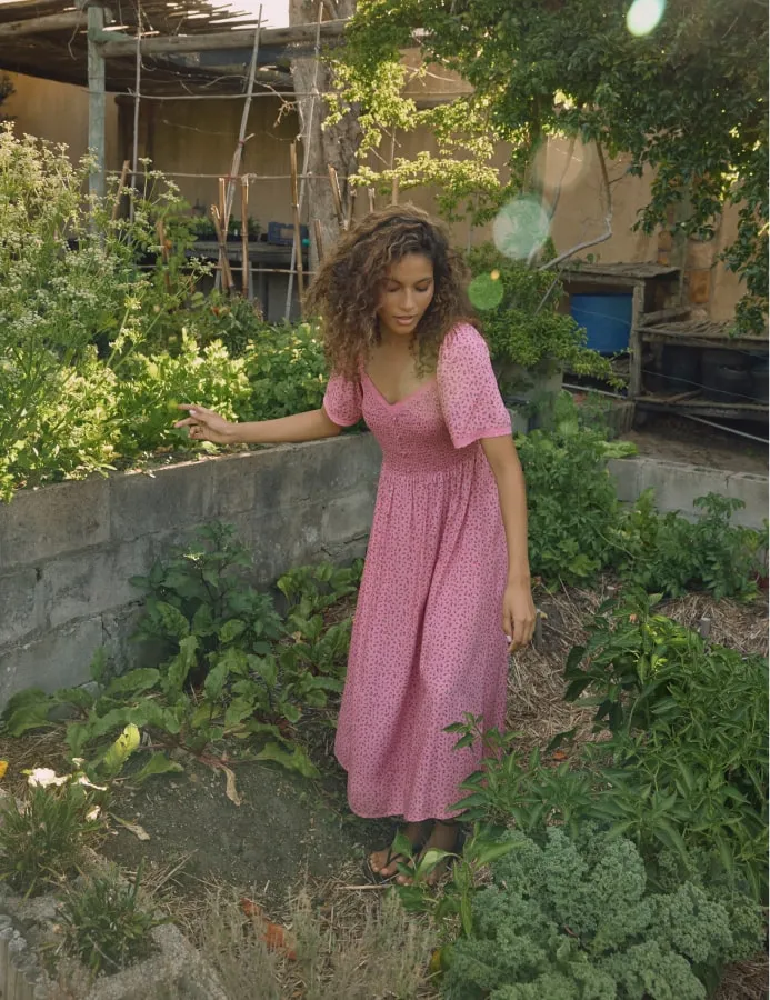 Pink Floral Ruched Mia Midi Dress sold by Nobody's Child