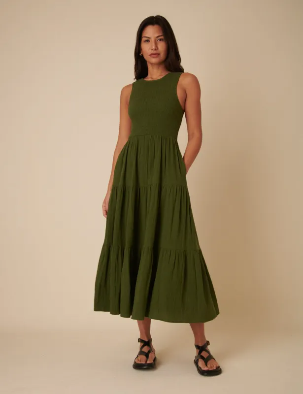 Green Sleeveless Tiered Charlie Midi Dress sold by Nobody's Child