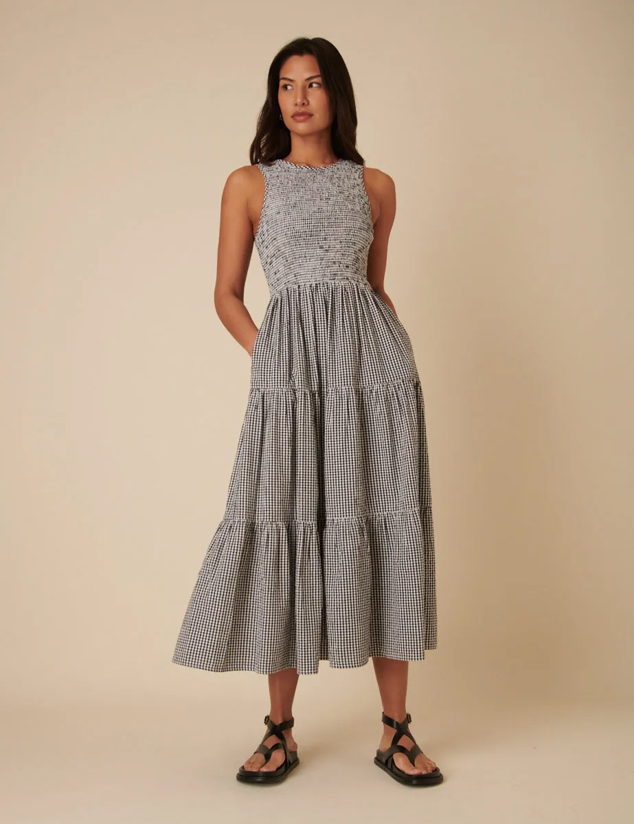 Black Gingham Sleeveless Tiered Charlie Midi Dress sold by Nobody's Child