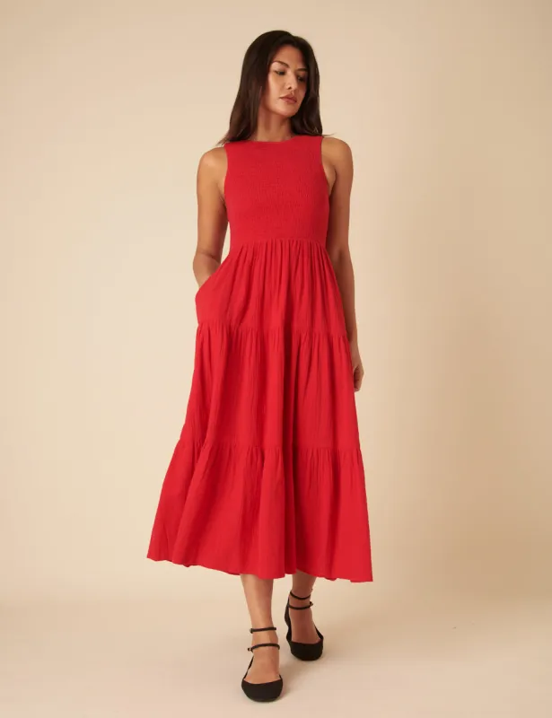Red Sleeveless Tiered Charlie Midi Dress sold by Nobody's Child