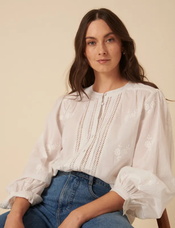 White Floral Embroidered Broderie Anglaise Blouse sold by Nobody's Child