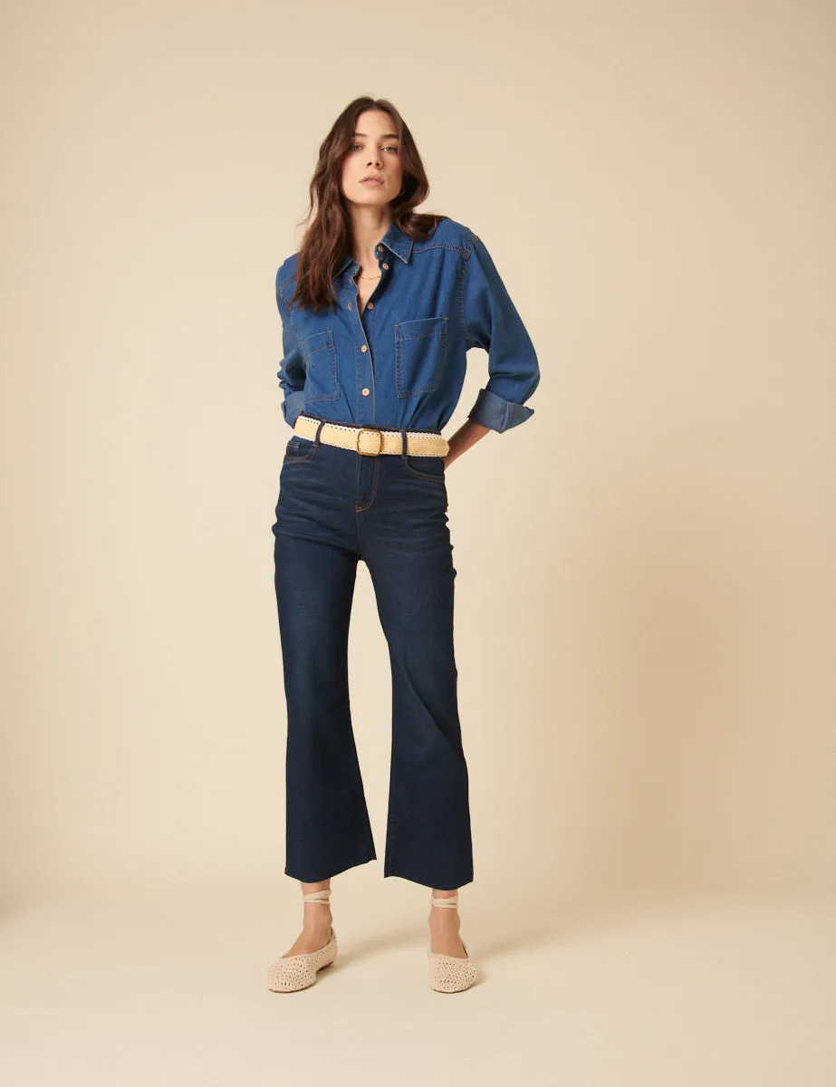 Dark Blue High Rise Cropped Kick Flare Jeans sold by Nobody's Child