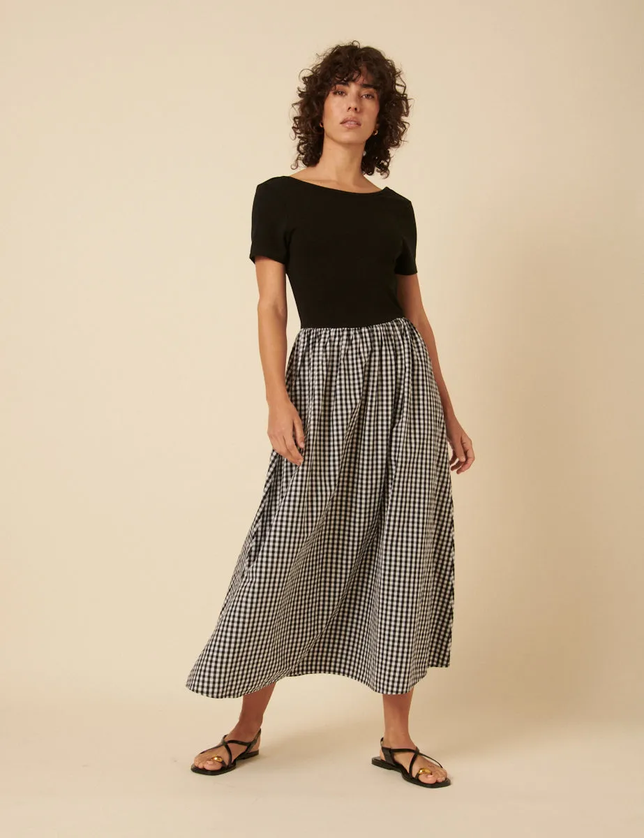 Black Gingham Short Sleeve A-line Sarah Midi Dress sold by Nobody's Child